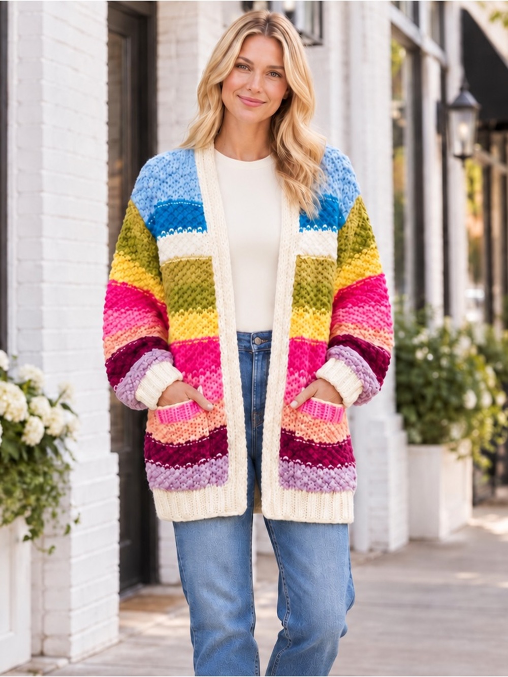 NEW Woven Heart Pink Multicolor Striped Open Front Relaxed Fit Cardigan Sweater